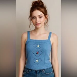 NWT 525 America Floral Embroidered Knit Tank Top - Waterfall